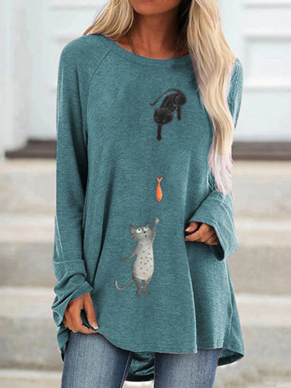 

Round neck cat catch fish cartoon l printed loose long sleeve T-shirts