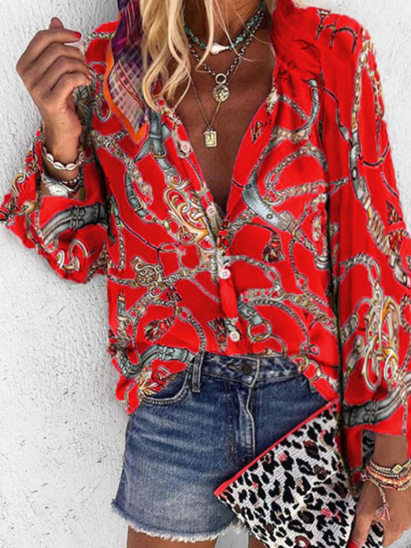 

Printed Collar Long Sleeve Casual Womens Shirt