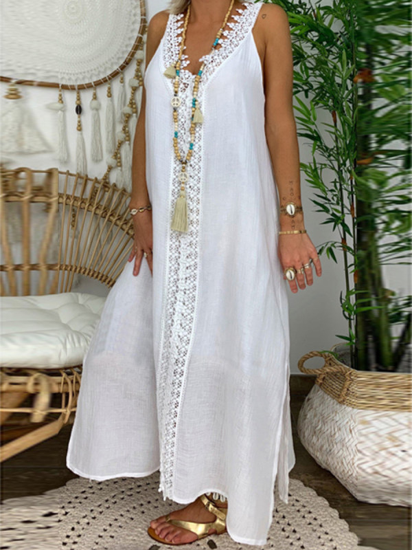 

Linen and lace lace panel sleeveless maxi dress