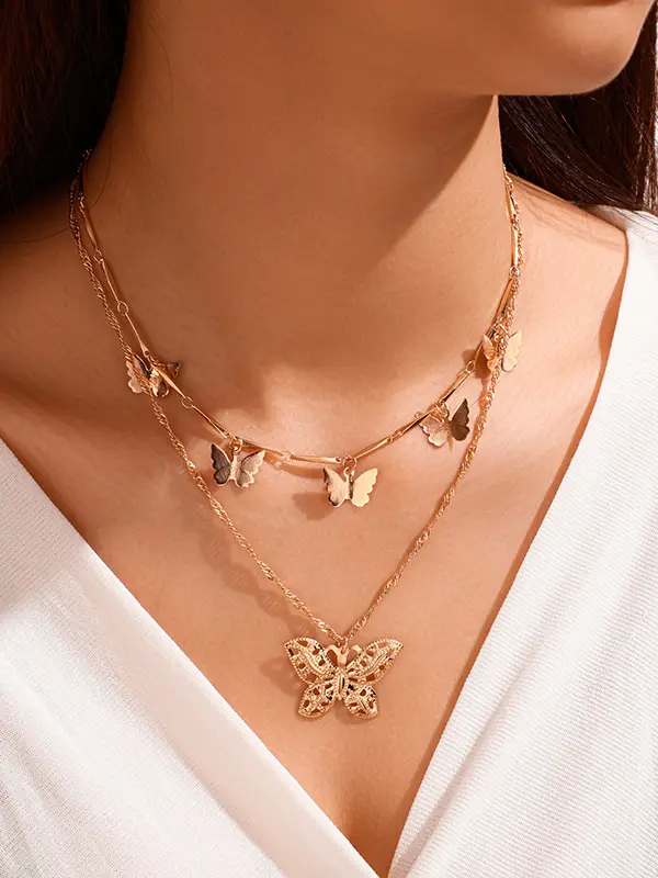 Women's butterfly pendant double necklace necklace - Inkshe.com 