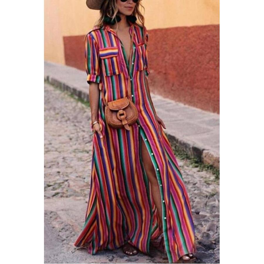 Rainbow Stripe Button Through Roll Up Sleeve Half Sleeve Boho Maxi Dresses