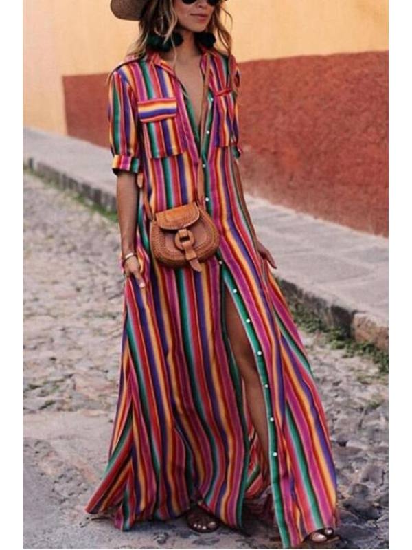 

Rainbow Stripe Button Through Roll Up Sleeve Half Sleeve Boho Maxi Dresses