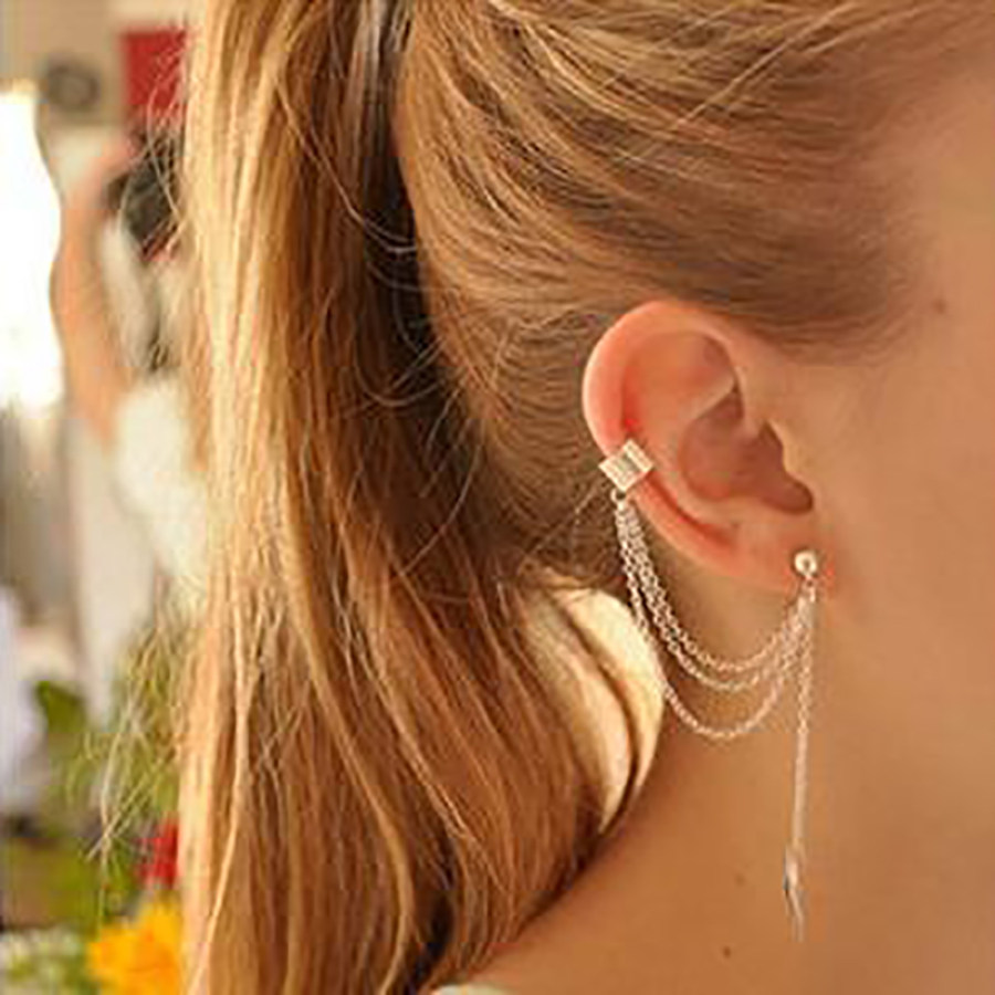 Fashion Women Metal Leaf Tassel Earrings