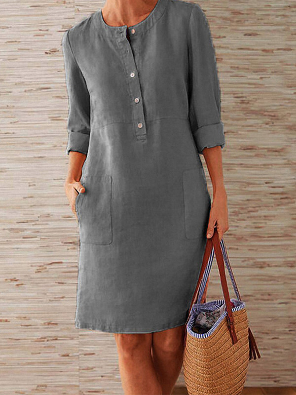 Loose cotton-linen vintage long-sleeved dress - holapick.com