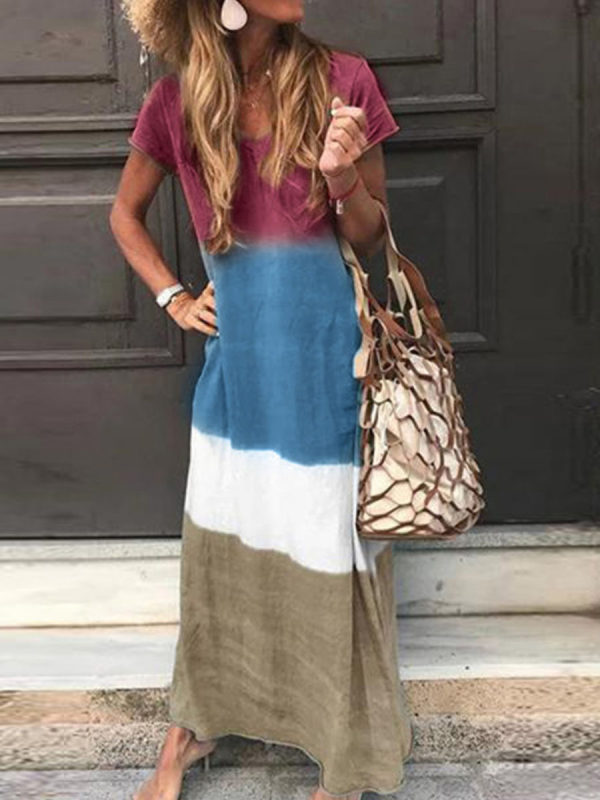 

Casual V Neck Printed Colour Loose Maxi Dress