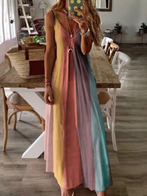 

Vacation Rainbow Print Camisole Maxi Dress