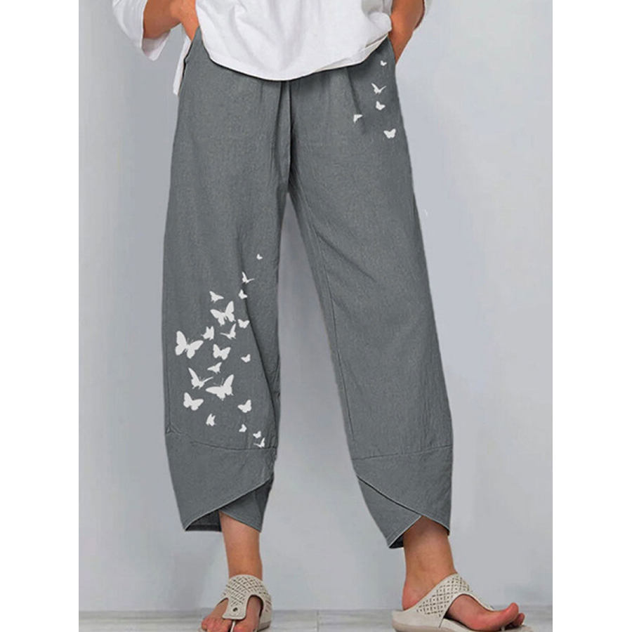 Casual Cotton And Linen Butterfly Print Wide Leg Pants