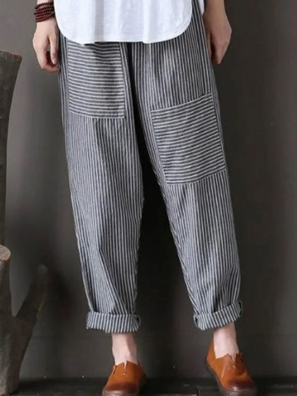 

High Waist Loose Large Pocket Casual Striped Harem Pants