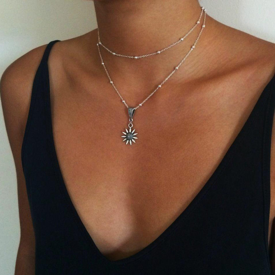 Fashionable simple retro sunflower pendant multi layer female alloy necklace