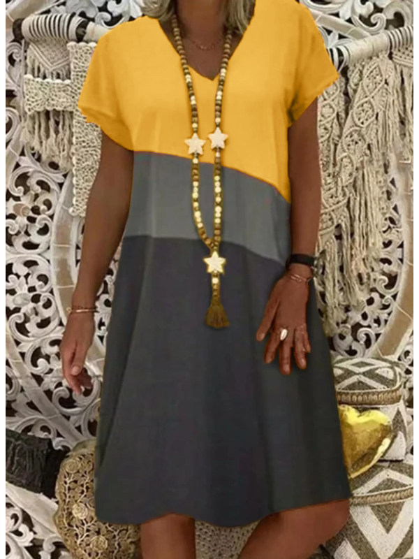 

V Neck Colorblock Short Sleeve Shift Dress