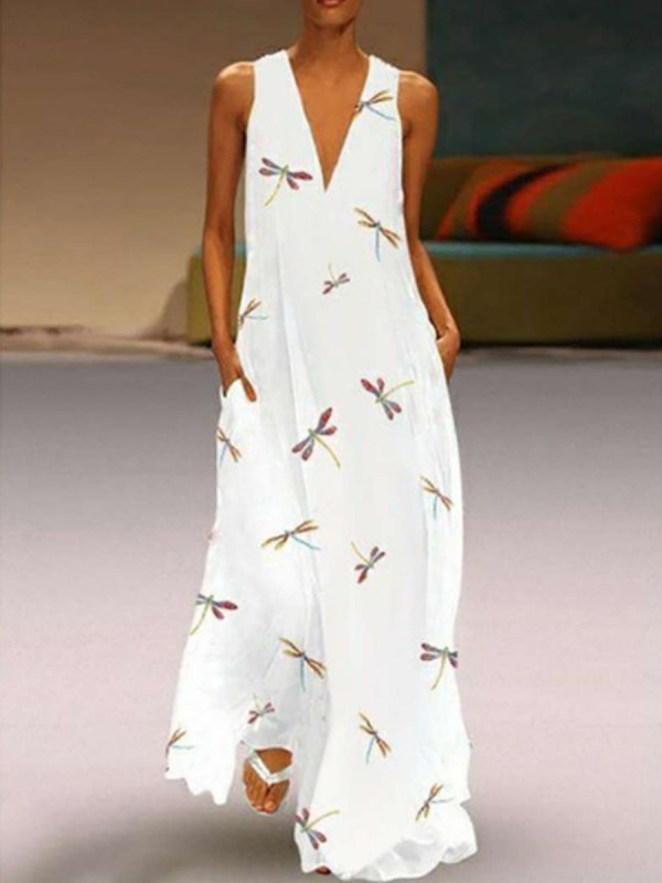 

Casual Dragonfly Print V-neck Rag Pocket Dress