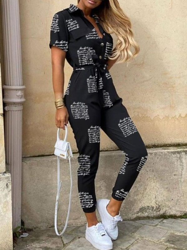 

Fashion Letter Print Short Sleeve Jumpsuit