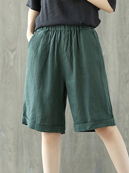 Solid color literary wild loose cuffed wide leg pants shorts