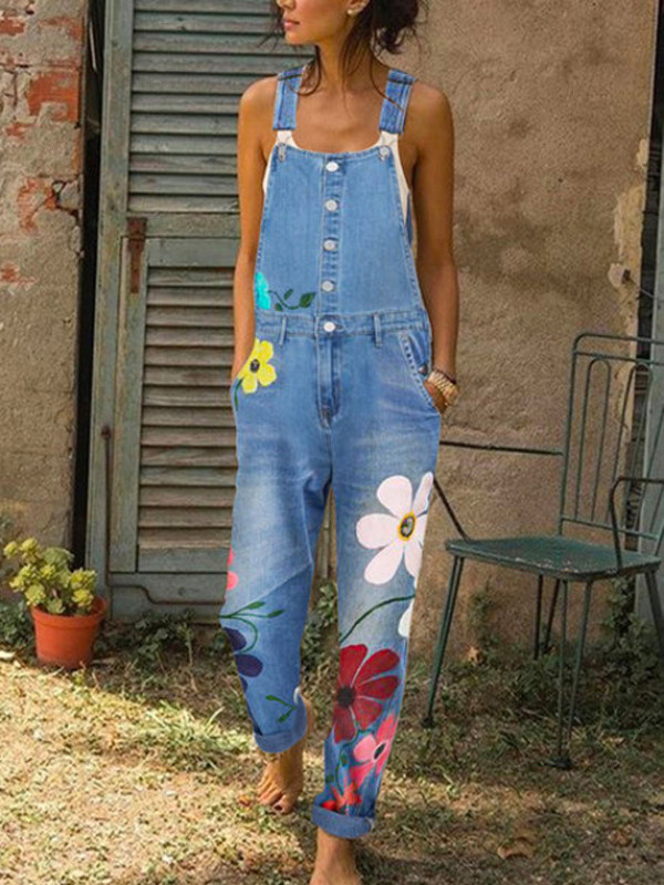 

Casual Floral Print Denim Jumpsuits