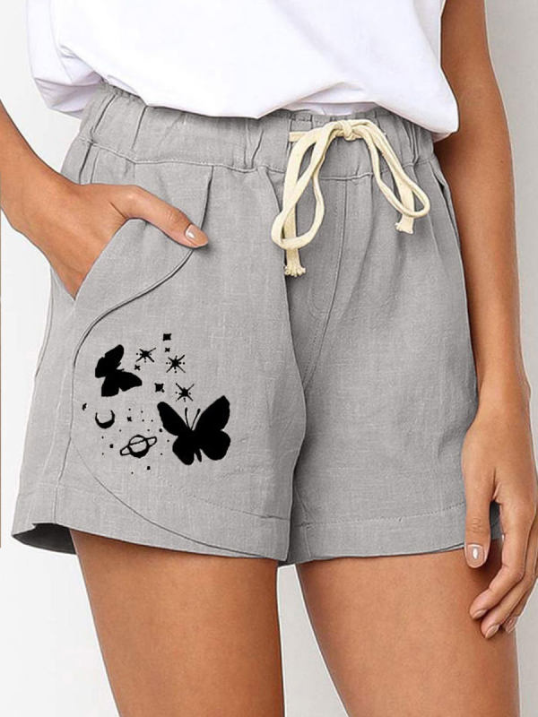 

Drawstring Elastic Waist Cotton And Linen Printed Casual Shorts