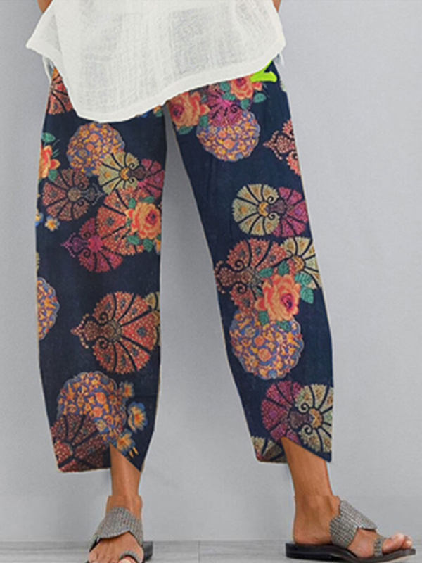 Cotton And Linen Printed Elastic Cropped Pants - holapick.com