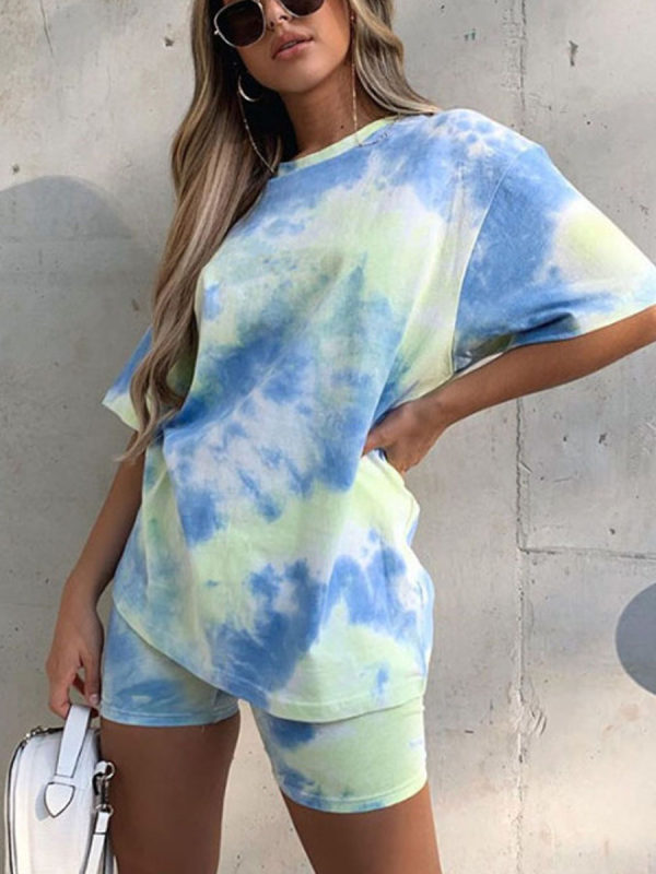 

Loose tie-dye short-sleeved T-shirt with elastic shorts two-piece suit