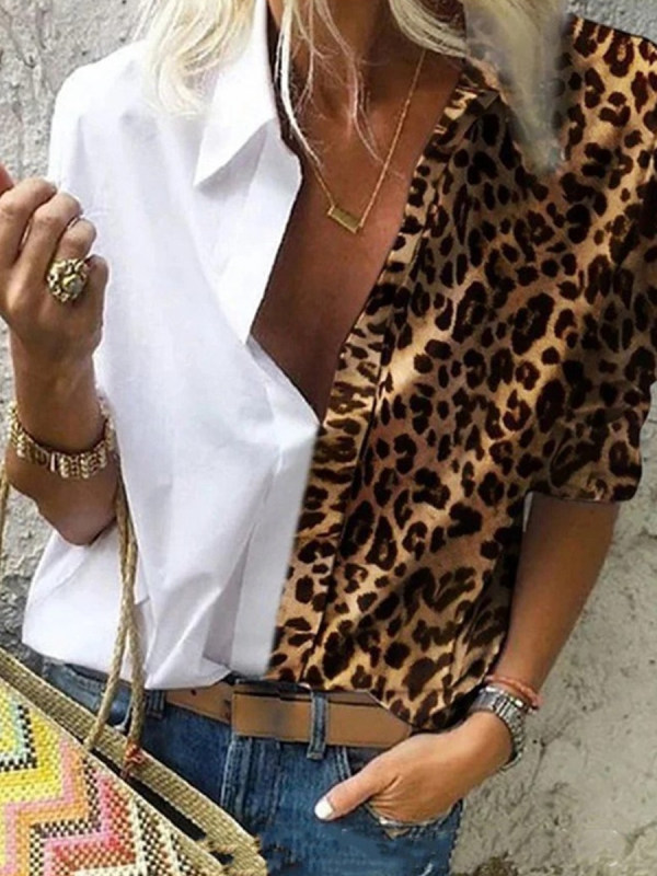 

Cotton Printed Leopard Print Stitching Shirt