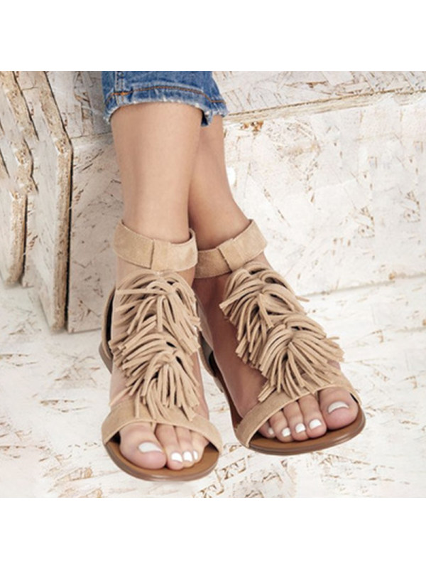 

Women's solid color fringed flat sandals