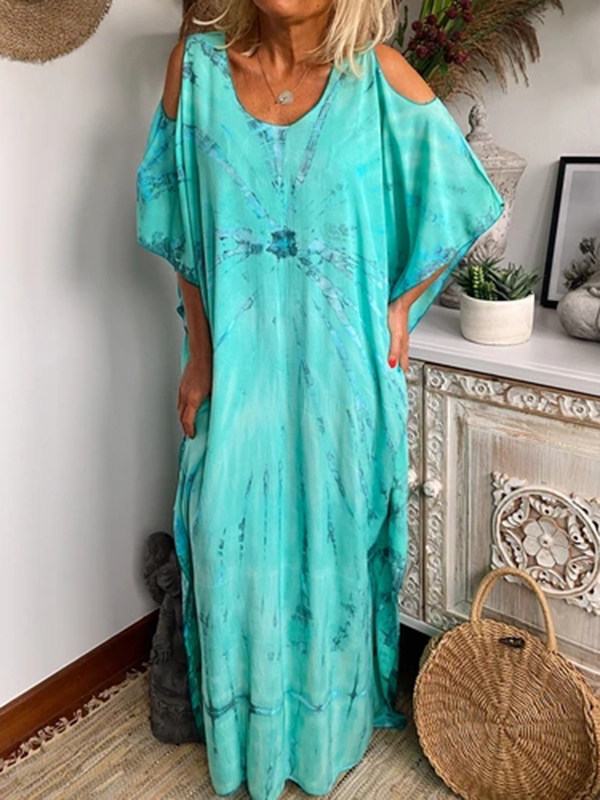 

Round neck off-shoulder blue tie-dye print maxi dress