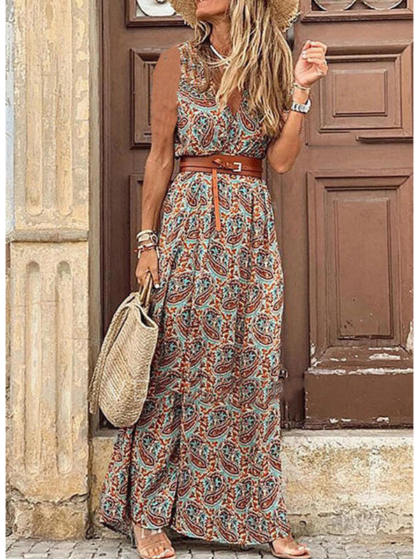 

Summer V Neck Print Sleeveless A-line Casual Maxi Dresses