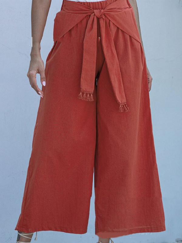 

Solid Color Cotton And Linen Lace Wide-leg Cropped Pants