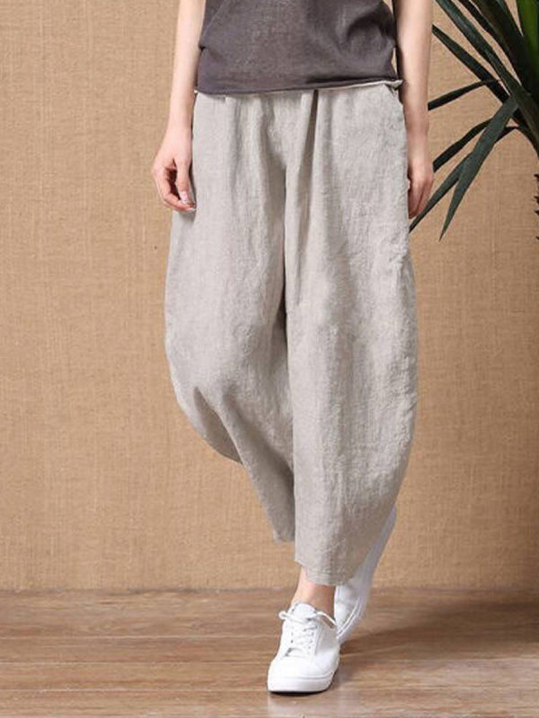 

Women's cotton and linen nine points loose elastic waist wide leg pants casual pants