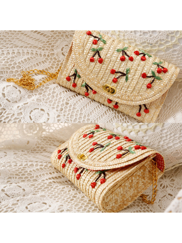 

Cherry Embroidered Woven Flap Clutch Bag
