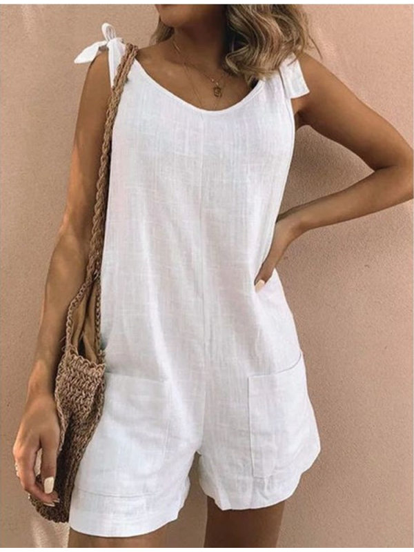 

Solid color cotton and linen patch pocket fashion jumpsuit