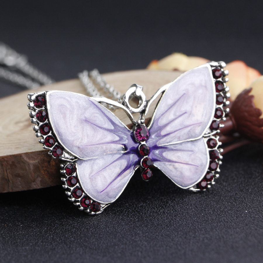 Vintage painted diamond butterfly necklace