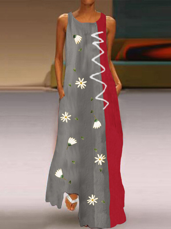 

Colorblock Daisy Print Casual Dress