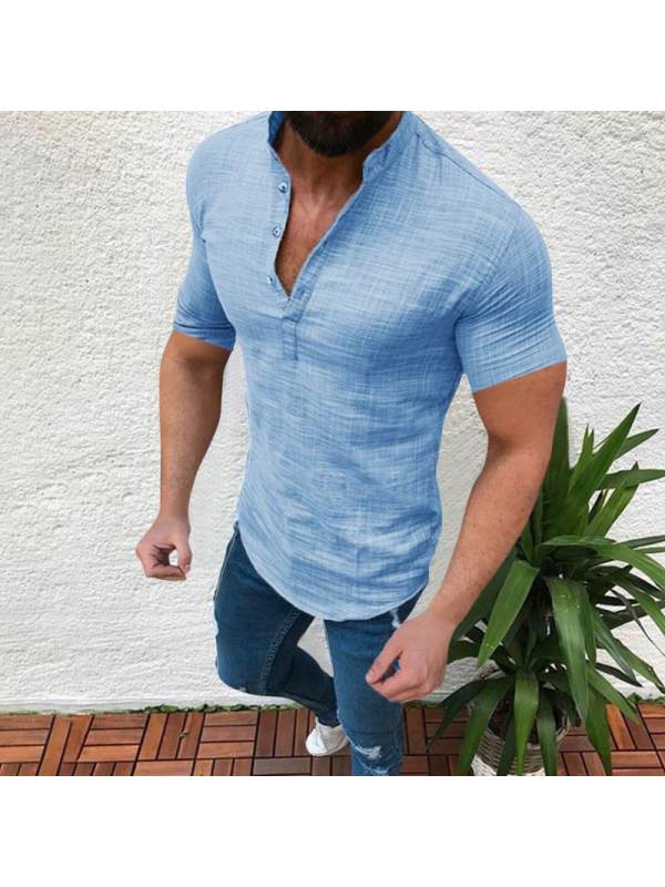 

Solid color short sleeve casual linen half-open shirt