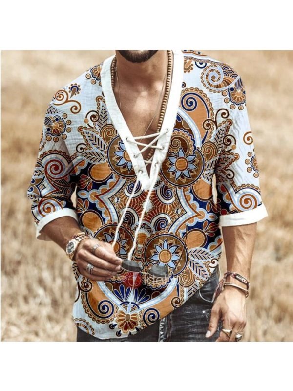 

Men's fashion casual bust lace up chicken eye middle sleeve T-shirt printed shirt