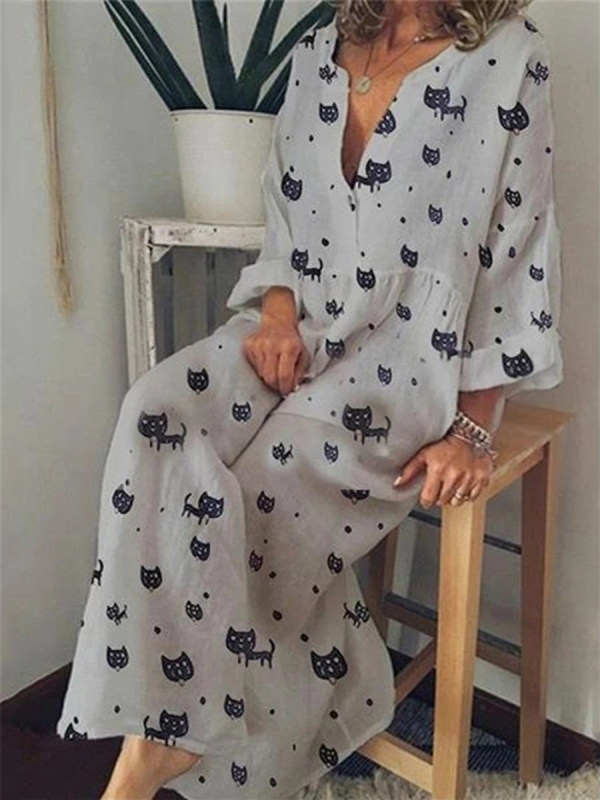 

Fashion Cat Print Long Sleeve Dress