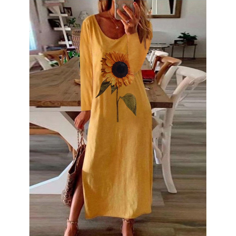 Sunflower plant printed side slit long sleeve dress