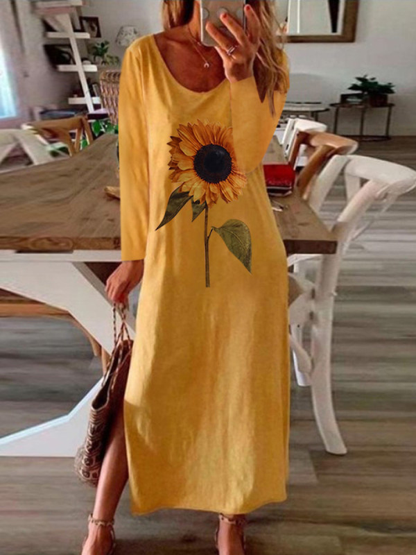 Sunflower plant printed side slit long sleeve dress - holapick.com