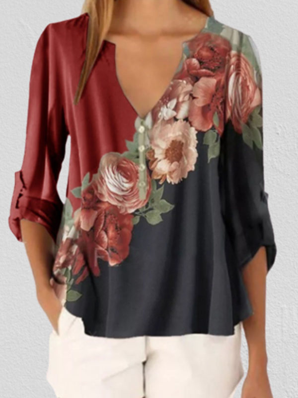 

Fashion - V-neck floral print long sleeve blouse chiffon shirt