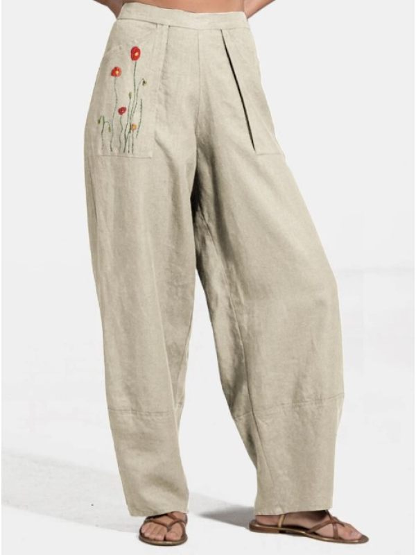 

Printed Large Pocket Elastic Waist Cotton And Linen Pants