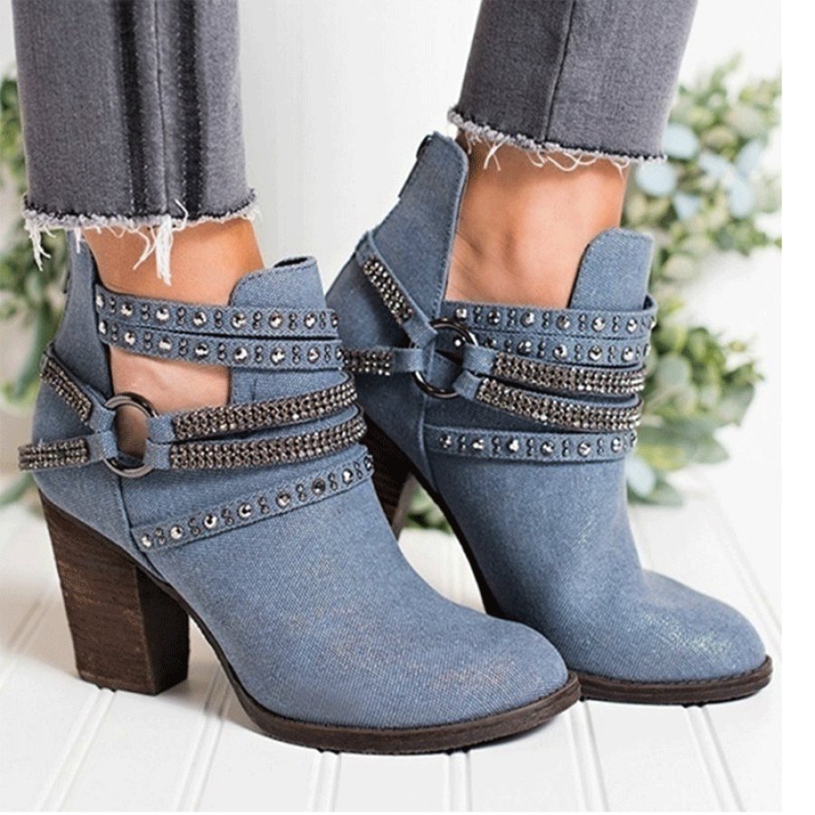 Fashion chunky heel low tube rivet womens boots