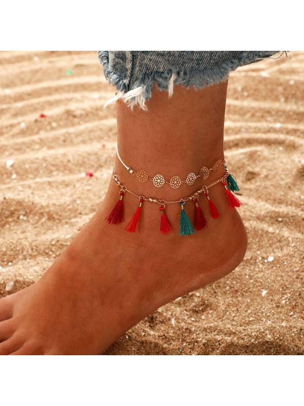 

Fashion national style color tassel double anklet