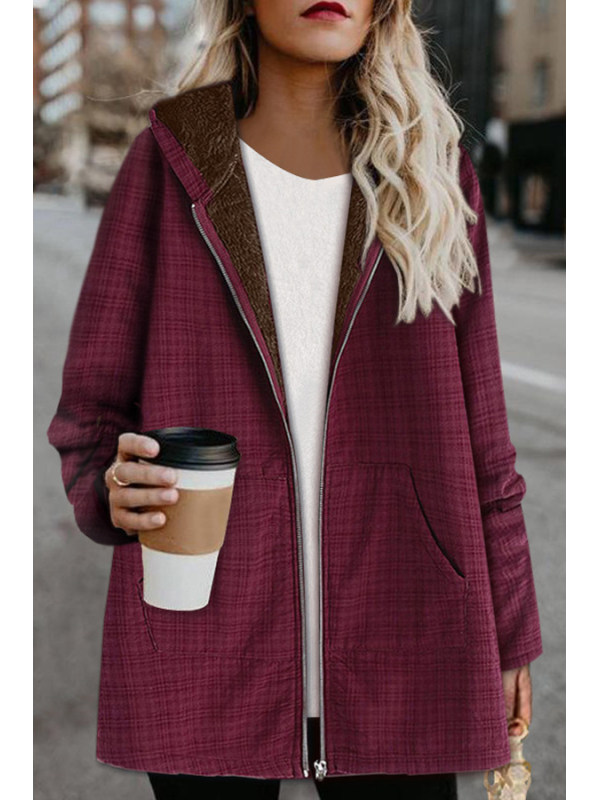 

Solid color plus velvet hooded mid-length coat