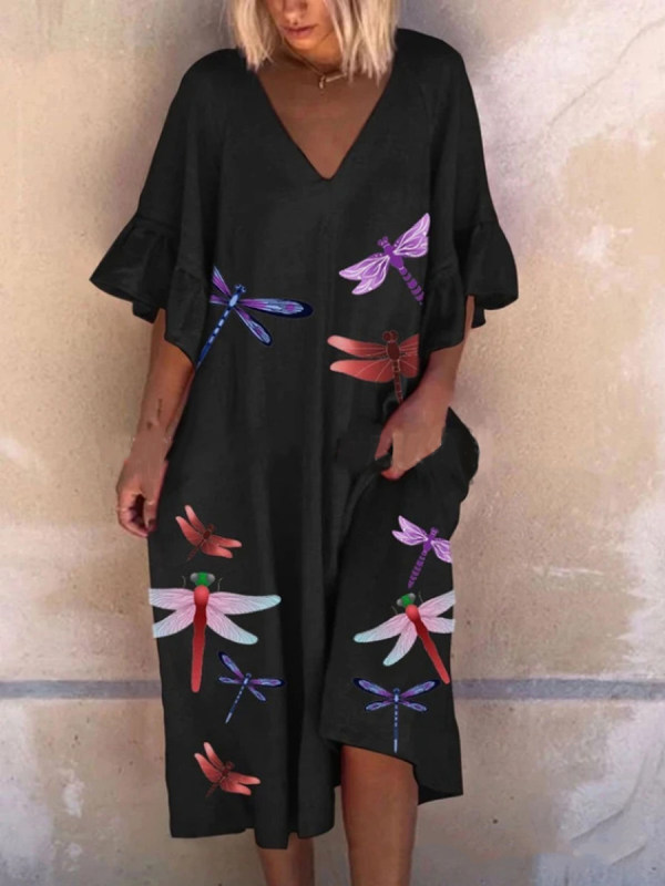 

Casual Dragonfly Print Lotus Leaf Sleeve Dress