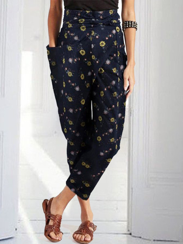 

Fashion Casual Small Floral Print Belt Harem Pants