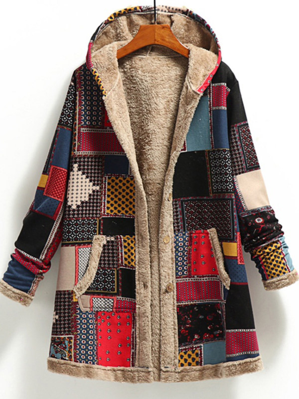 

Printed Hooded Plush Coat