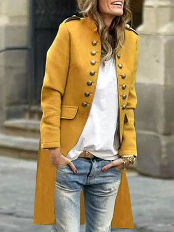 

Solid Color Round Neck Long Sleeve Woolen Button Coat