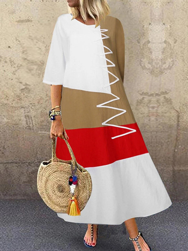 

Round neck stitching contrast casual dress