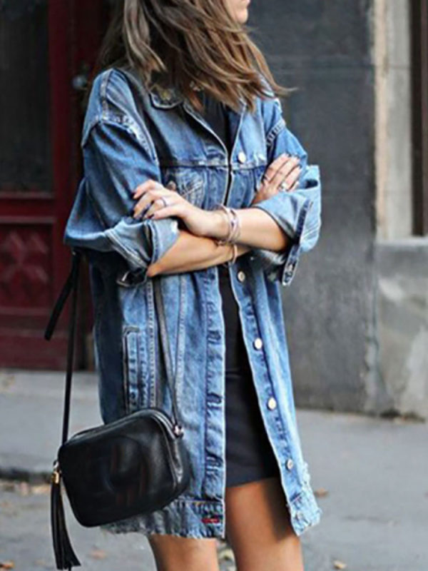 

Fashion - a long dark ripped denim trench coat for women's wear