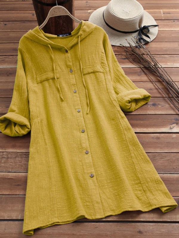 

Cotton Linen Hooded Shirt Shift Dress