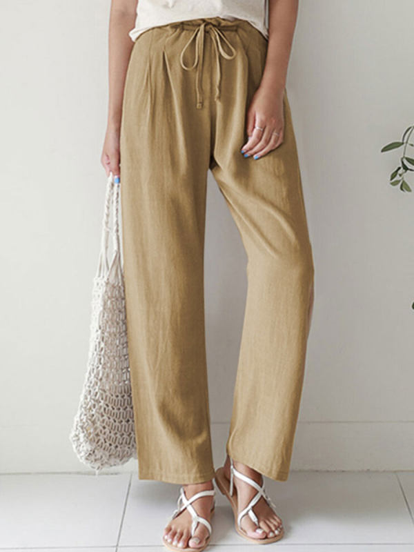 Casual Solid Color Straight Leg Elastic Waist Cotton Linen Pants ...