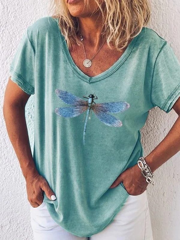 

Dragonfly Printed V Neck Loose T-shirt